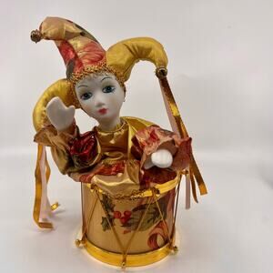 Vintage Porcelain Jester Clown With Holly In Musical Drum Christmas Plays Music